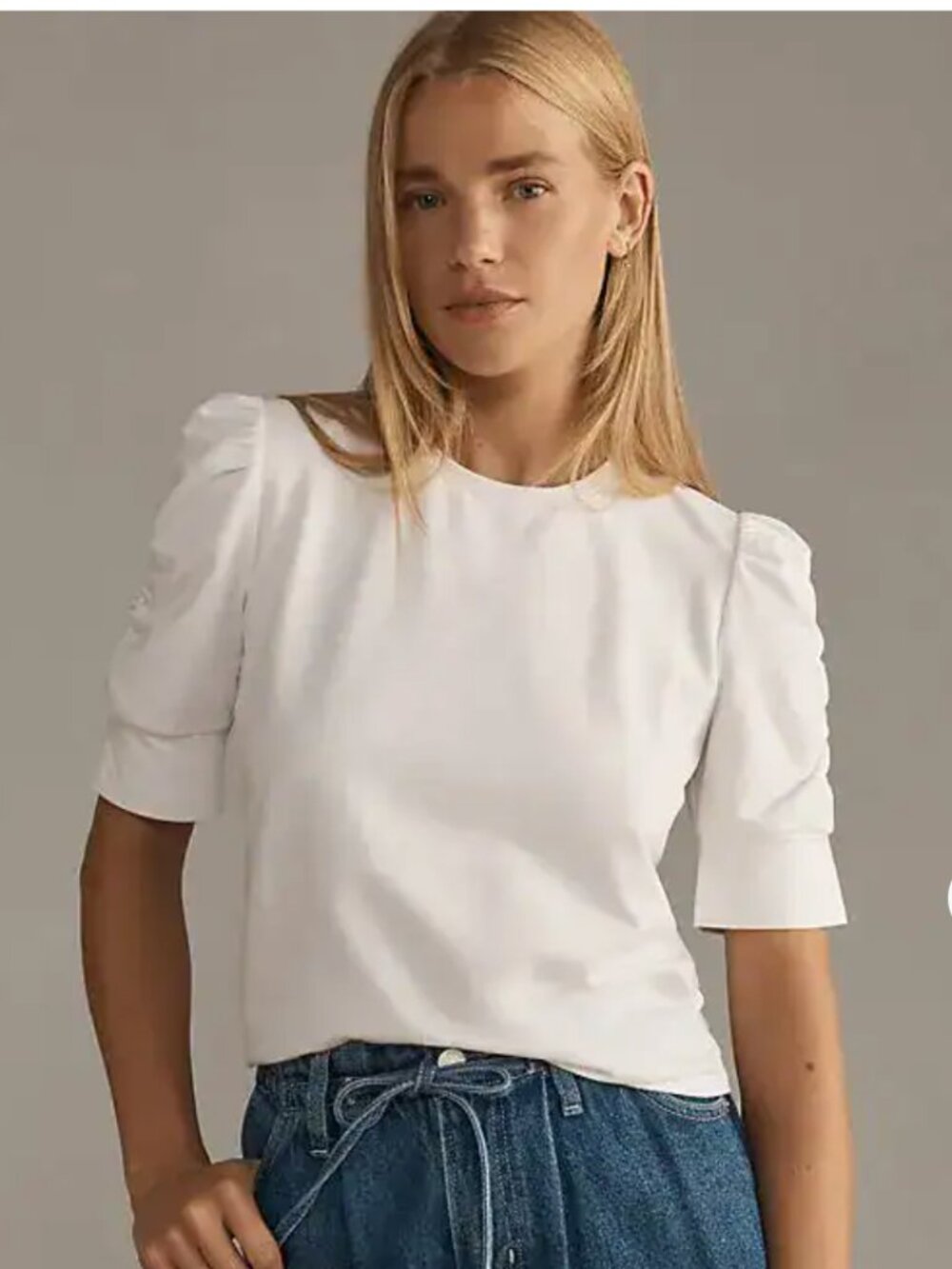 WALTER BAKER (NWT) Skippy White Puff Ruched Sleeve Crew Neck Boxy Tee, Size M